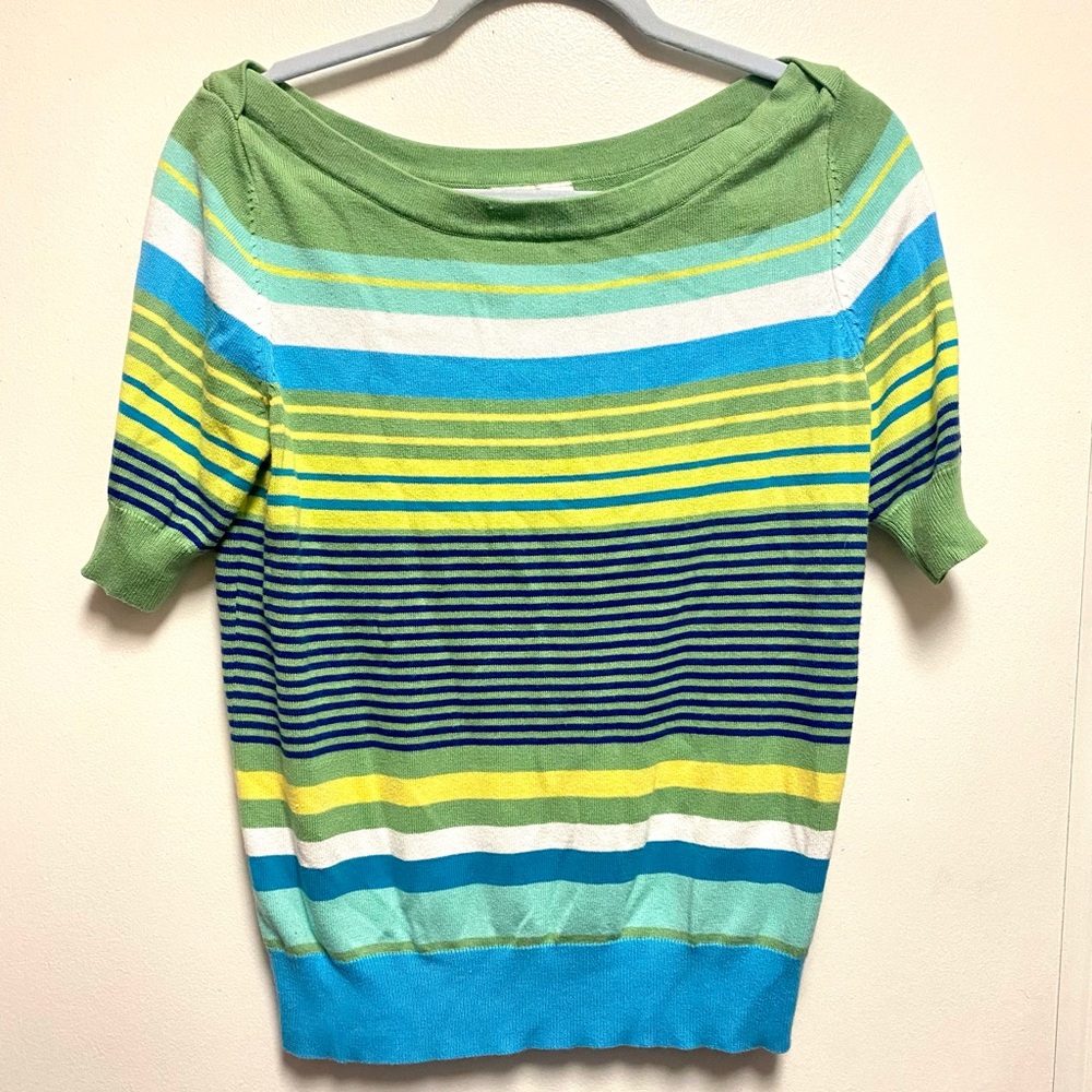 Vintage striped shirt off the shoulder neckline.